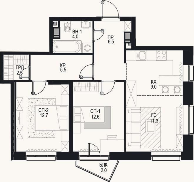 Планировка: 3-к, 64,5 м²