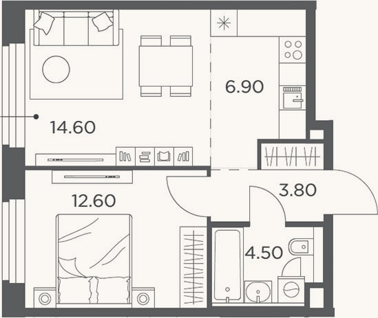 Планировка: 2-к, 42,4 м²