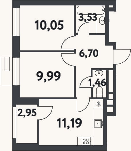 Планировка: 2-к, 42,9 м²