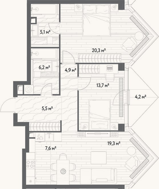 Планировка: 3-к, 82,6 м²