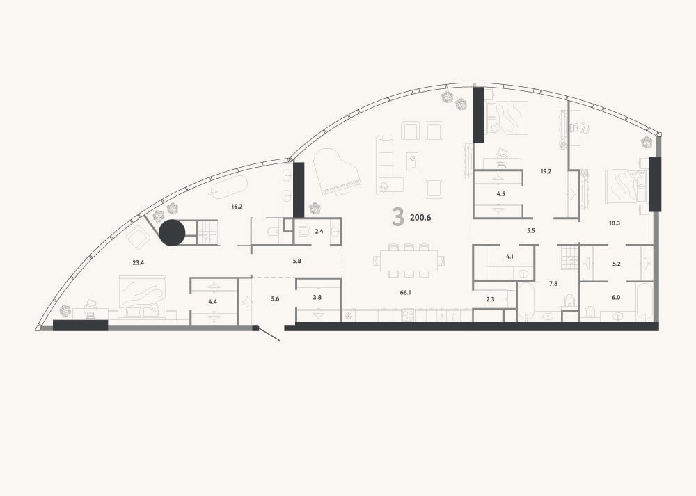 Планировка: 4+ к, 200,6 м²