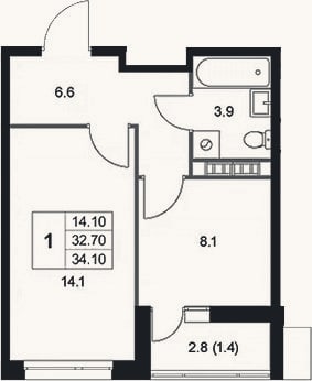 Планировка: 1-к, 32,7 м²