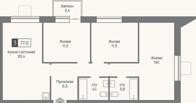 Планировка: 4+ к, 76,3 м²