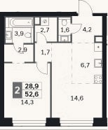 Планировка: 2-к, 52,6 м²