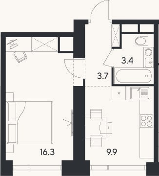 Планировка: 1-к, 33,3 м²