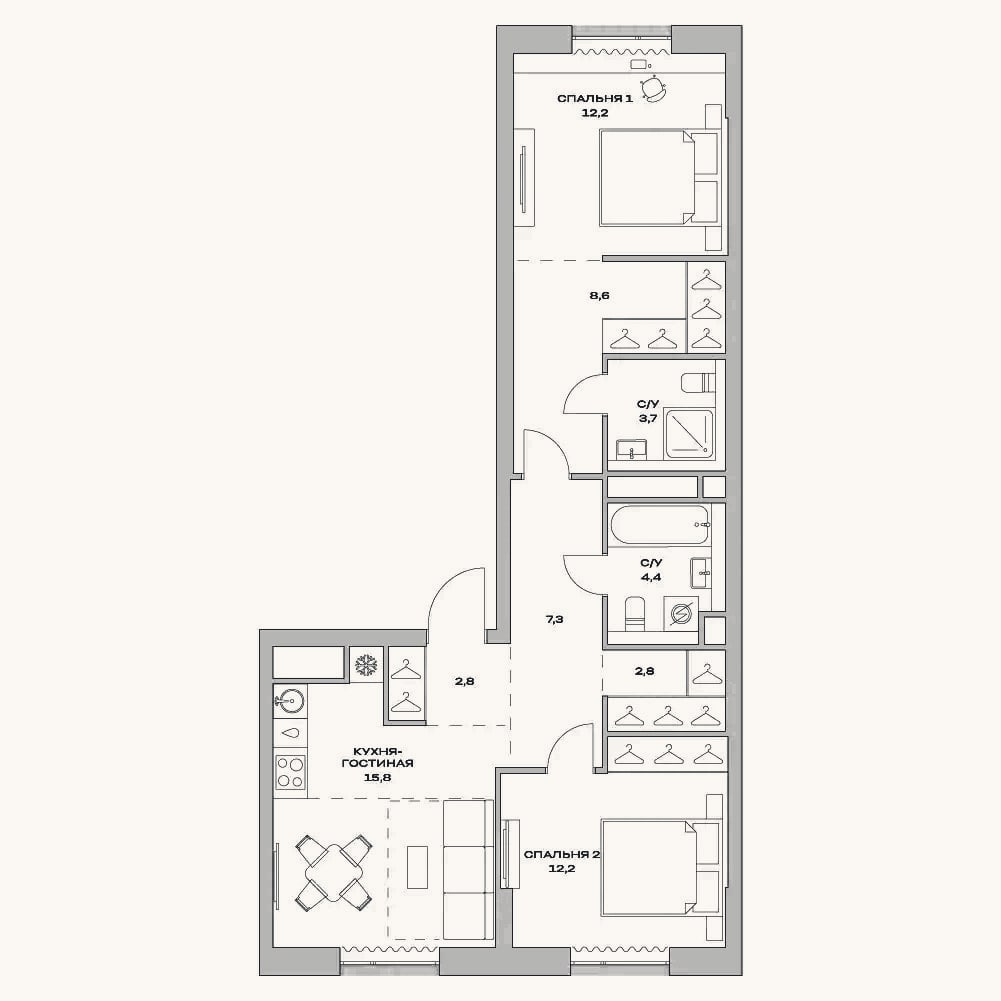 Планировка: 3-к, 70,9 м²