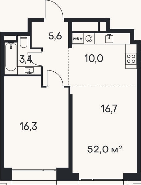 Планировка: 2-к, 52 м²