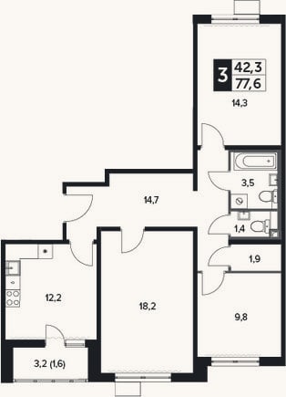 Планировка: 3-к, 77,1 м²