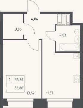 Планировка: 1-к, 36,9 м²