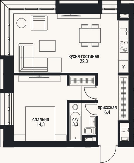 Планировка: 2-к, 48,1 м²