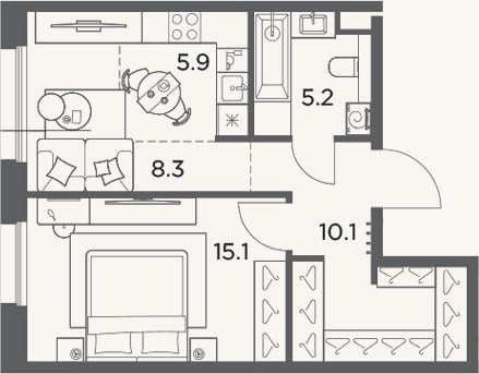 Планировка: 2-к, 44,6 м²