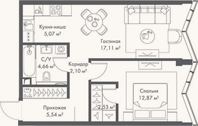 Планировка: 2-к, 49,9 м²