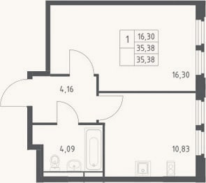 Планировка: 1-к, 35,4 м²