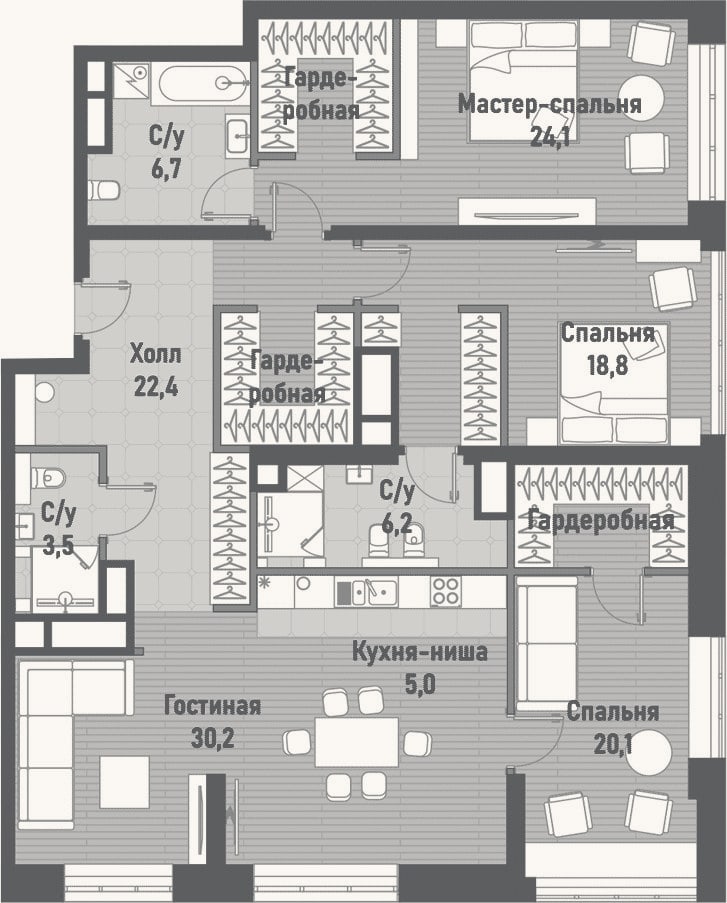Планировка: 4+ к, 137 м²