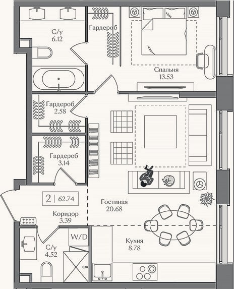 Планировка: 2-к, 62,7 м²