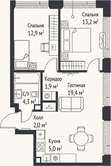 Планировка: 3-к, 58,8 м²