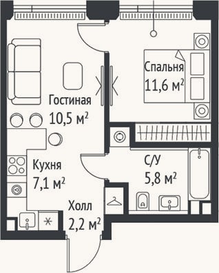 Планировка: 2-к, 37,2 м²