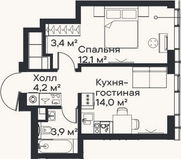 Планировка: 2-к, 37,6 м²