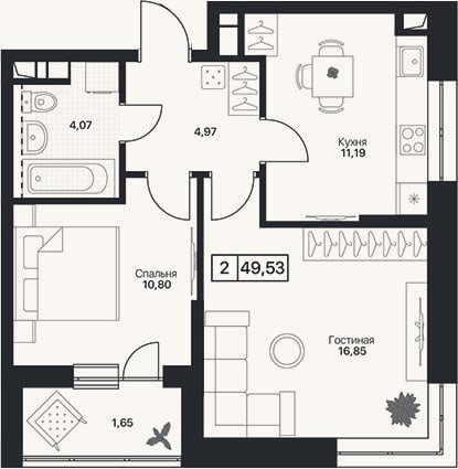 Планировка: 2-к, 47,9 м²