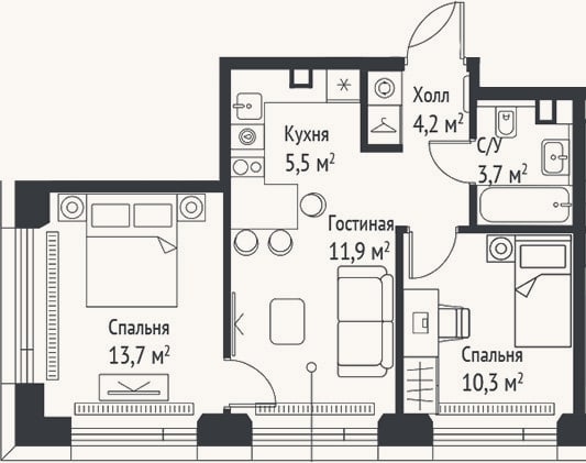 Планировка: 3-к, 49,2 м²