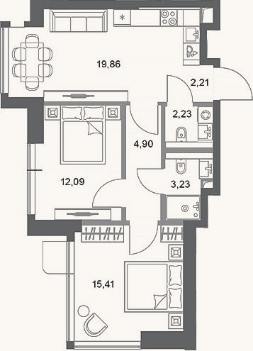Планировка: 2-к, 59,9 м²