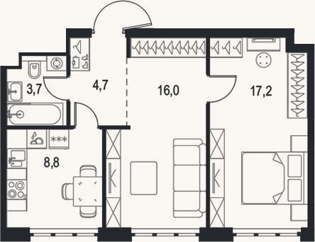 Планировка: 2-к, 50,4 м²