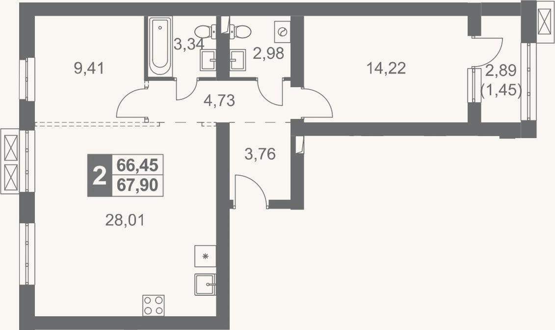 Планировка: 2-к, 66,5 м²