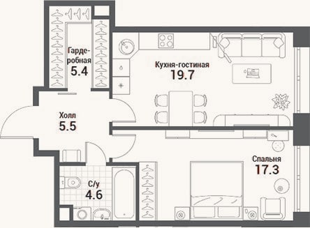 Планировка: 2-к, 52,5 м²