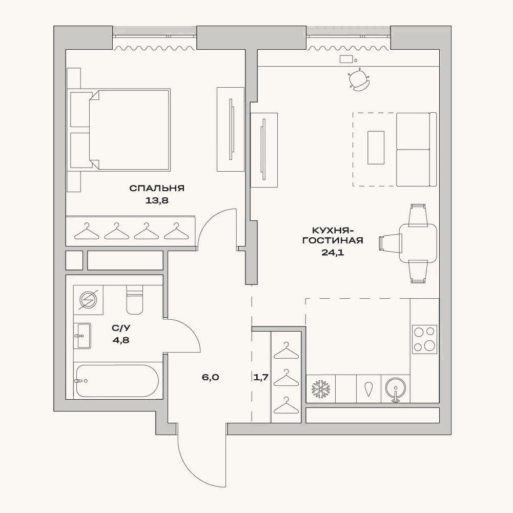 Планировка: 2-к, 50,2 м²