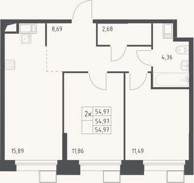 Планировка: 3-к, 55 м²