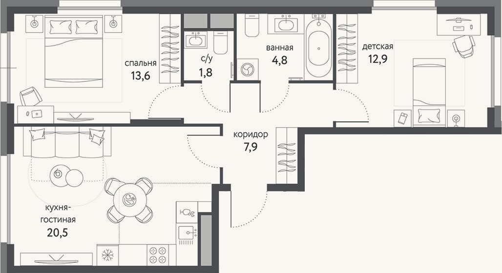 Планировка: 3-к, 61,5 м²