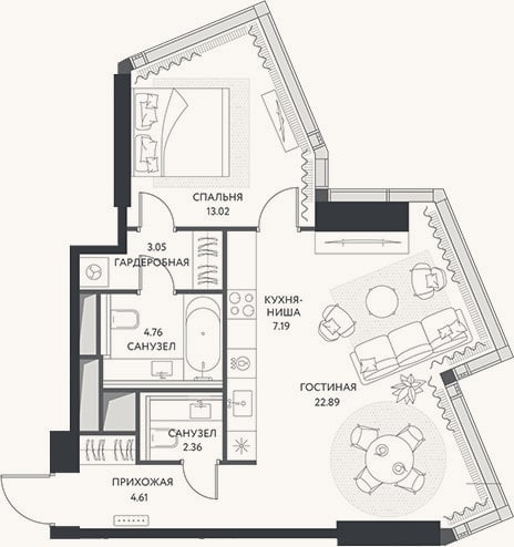 Планировка: 2-к, 57,9 м²