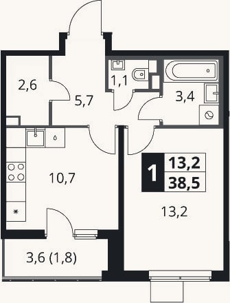 Планировка: 1-к, 36,7 м²