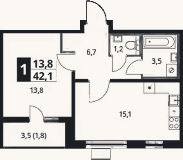 Планировка: 2-к, 41,6 м²