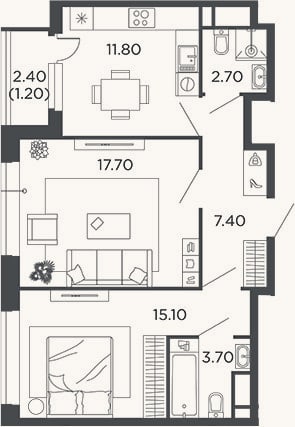 Планировка: 2-к, 58,4 м²
