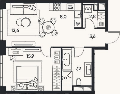 Планировка: 2-к, 50,1 м²