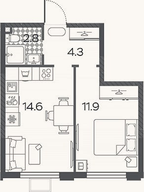 Планировка: 2-к, 33,6 м²