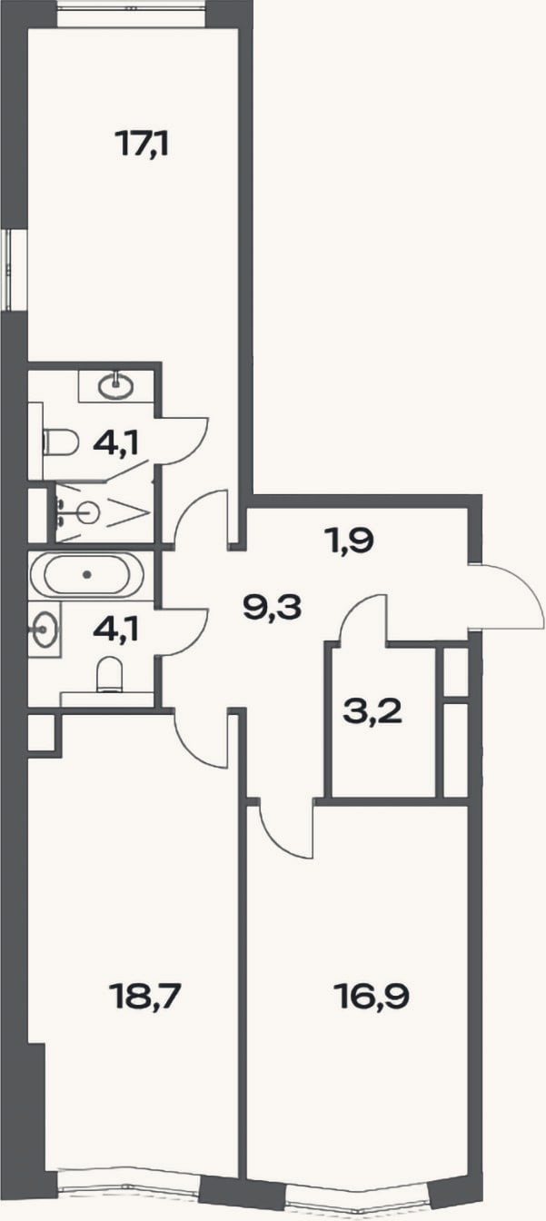 Планировка: 3-к, 76,8 м²