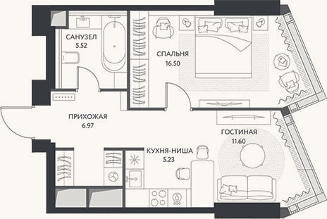 Планировка: 2-к, 45,8 м²