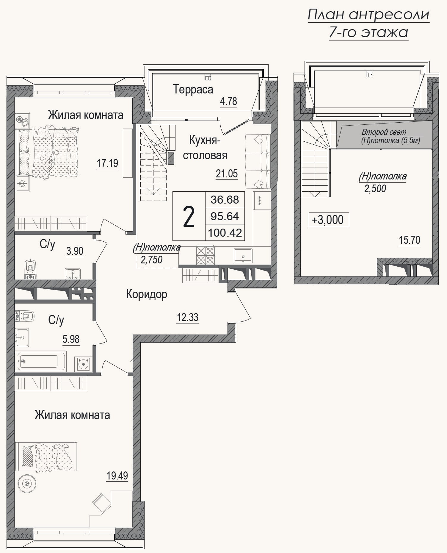 Планировка: 2-к, 90,9 м²