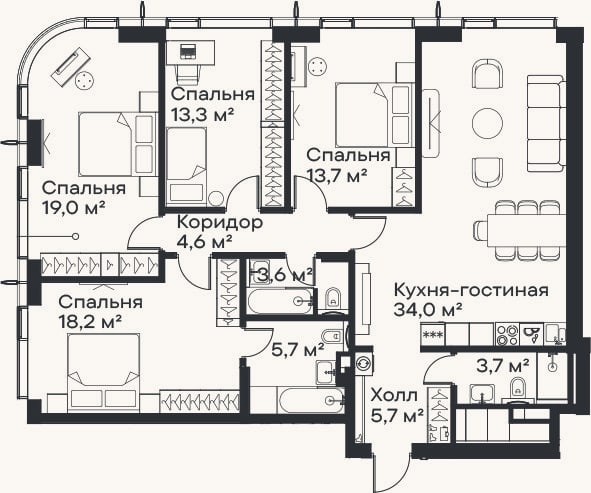 Планировка: 4+ к, 121,5 м²