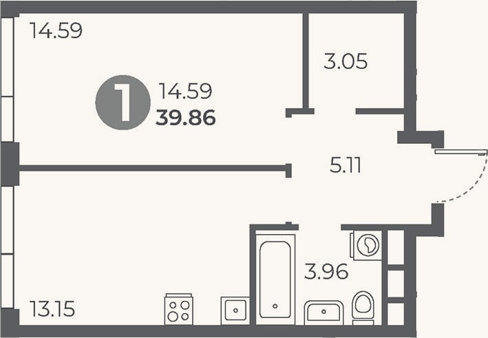 Планировка: 1-к, 39,9 м²