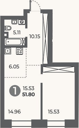 Планировка: 1-к, 51,8 м²