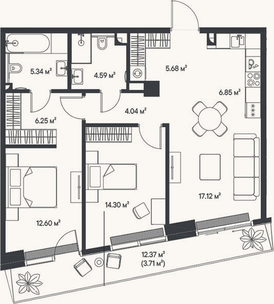 Планировка: 3-к, 76,8 м²