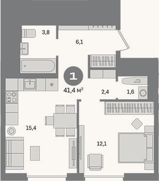 Планировка: 1-к, 41,4 м²