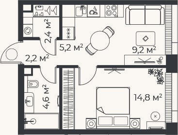 Планировка: 2-к, 38,4 м²