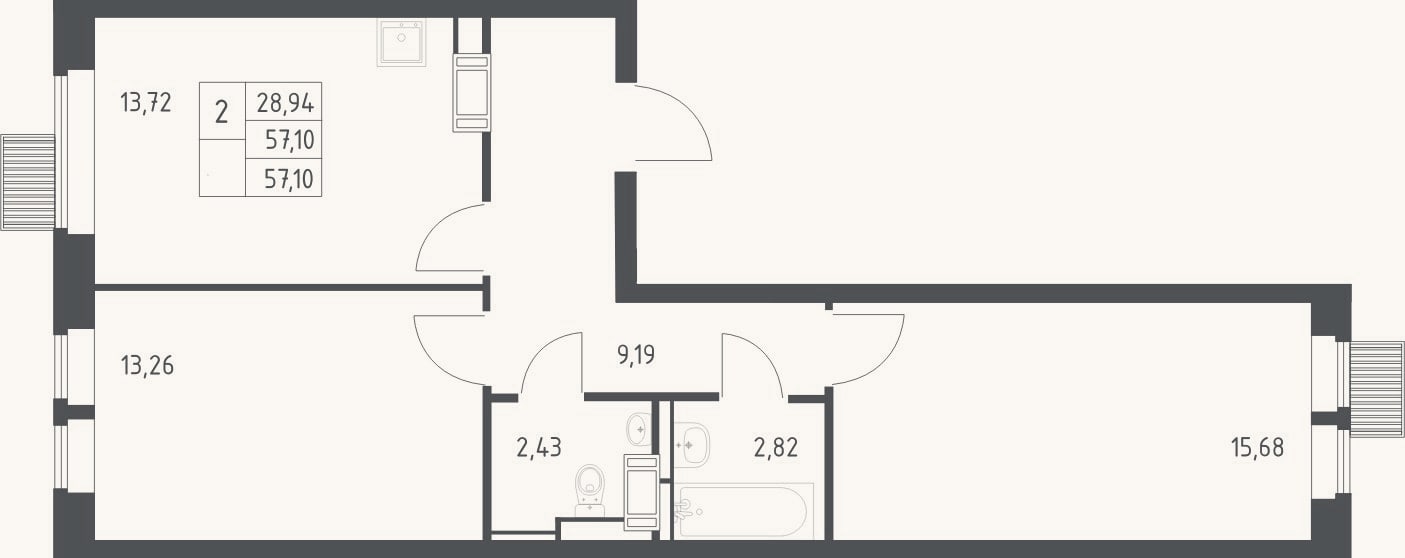 Планировка: 2-к, 57,1 м²