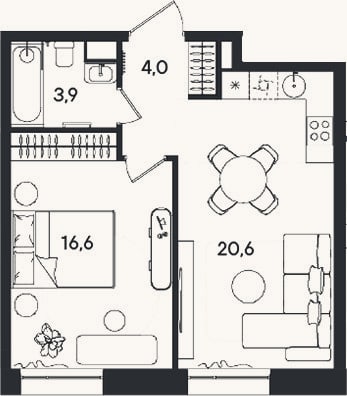 Планировка: 2-к, 45,1 м²