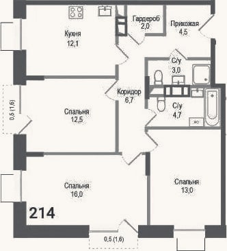 Планировка: 3-к, 74,5 м²