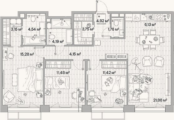 Планировка: 4+ к, 92,6 м²